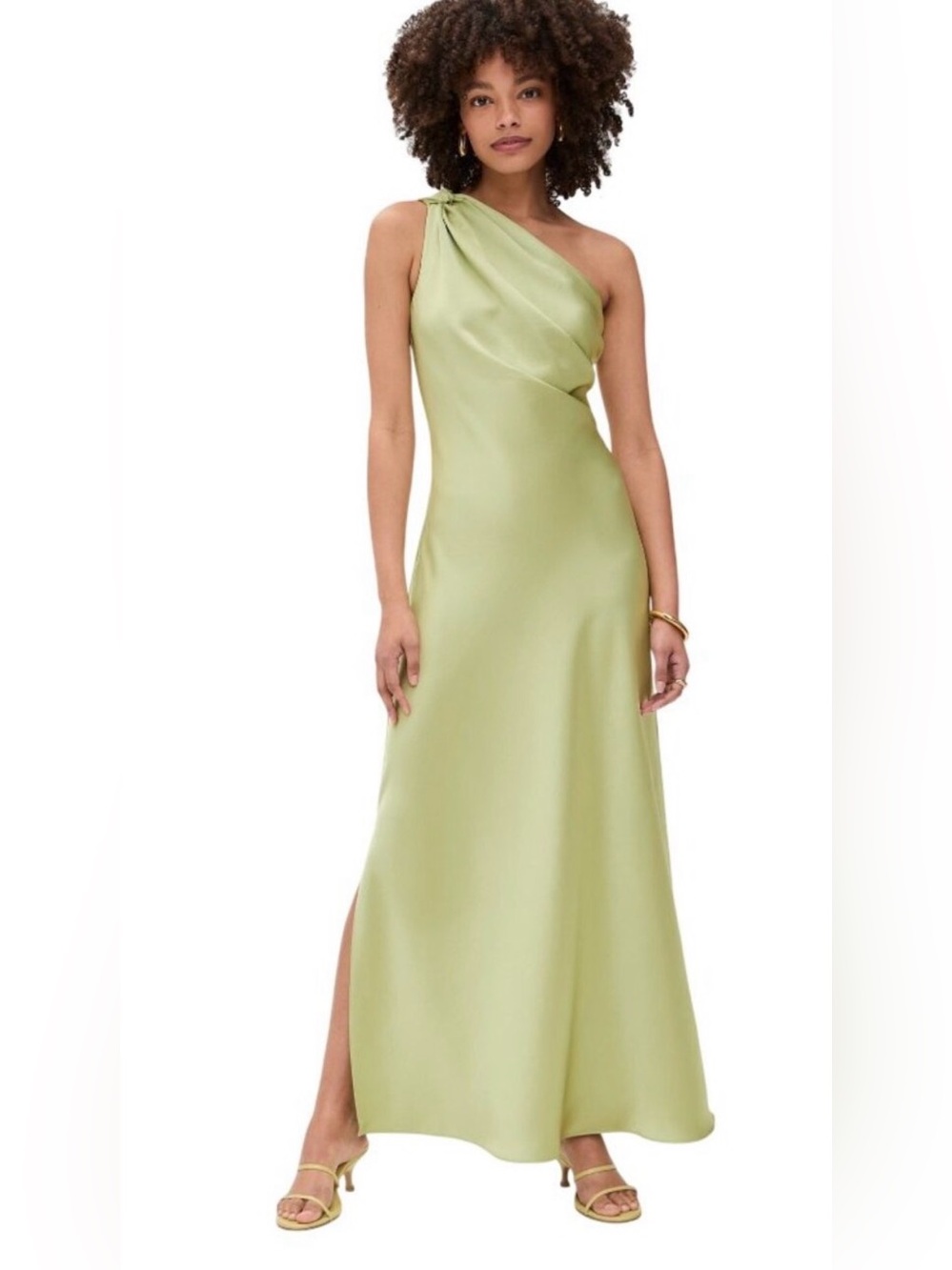 Tanya Taylor Stassi One-Shoulder Satin Gown in Soft Lime Green